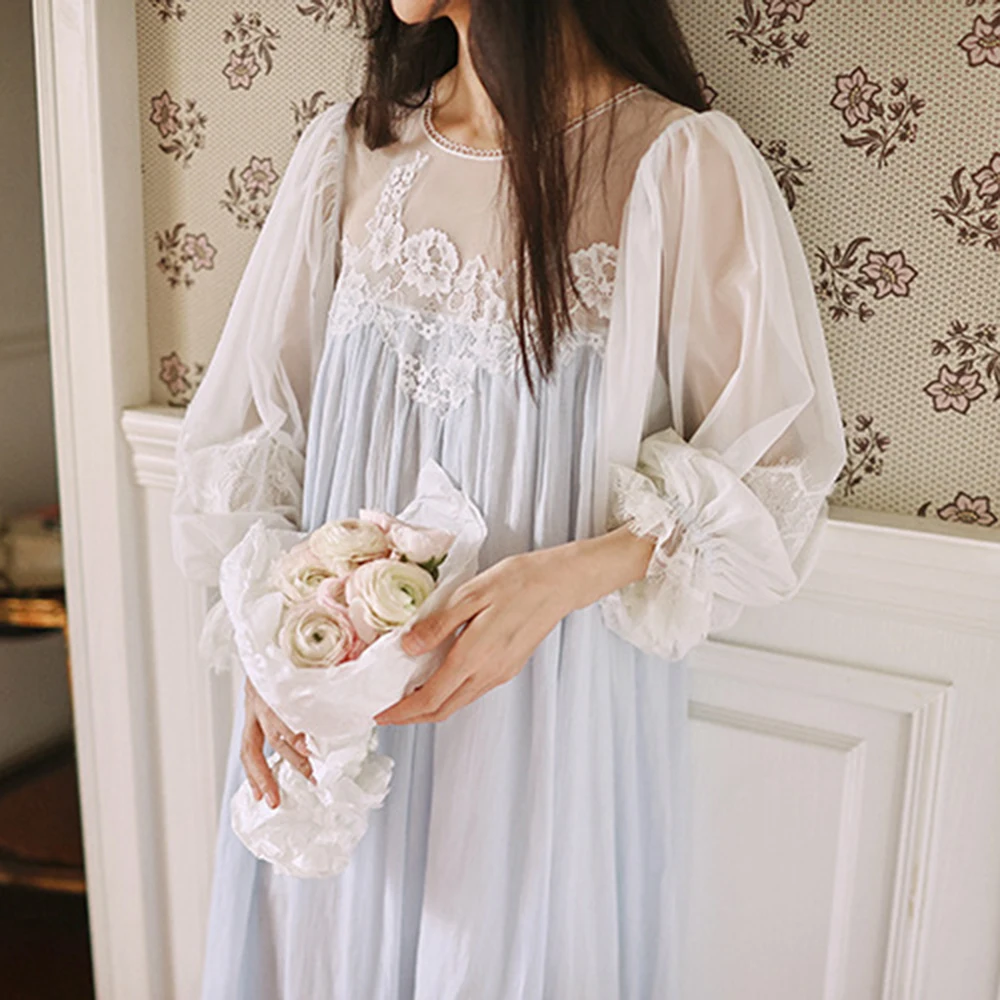 2024 New Women Beautiful Nightgown Fairy Long White Pink Nightdress Retro Palace Lace Gauze Morning Robe For Spring Summer