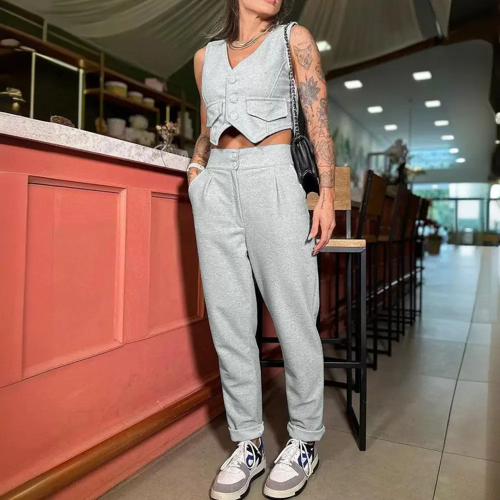 ผู้หญิงชุดฤดูร้อนแฟชั่น 2 ชิ้นชุด V คอ Buttoned เสื้อกั๊ก Top & Casual High เอวกระเป๋าทุกวันชุดกางเกง