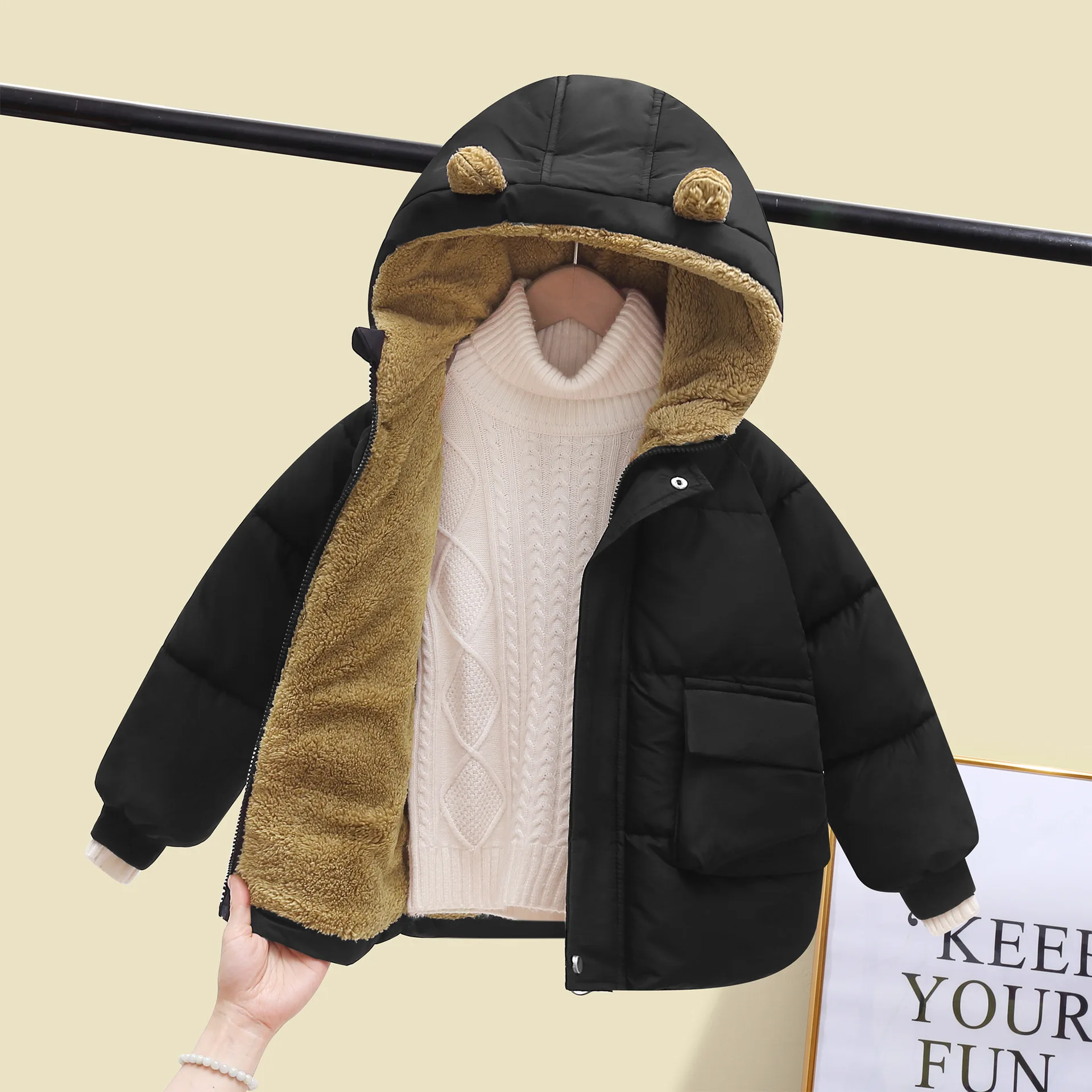 New 2025 Baby Boys Girls Hooded Zipper Solid Plush Down Jackets Children's Winter Cotton-padded Thicken Warm Coat Outerwear