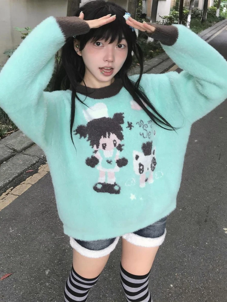 

ADAgirl Kawaii Anime Print Sweater for Women Cutecore Green Knitted Pullover Japan Style Long Sleeve Oversized Winter Clothes