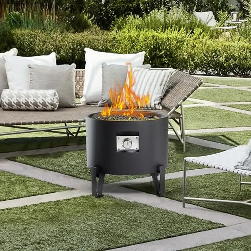 

Portable Propane Fire Pit 50,000 BTU Round 15'' x 16'' with Lid & Glass Rocks Weather Resistant Camping RV Patio Balcony