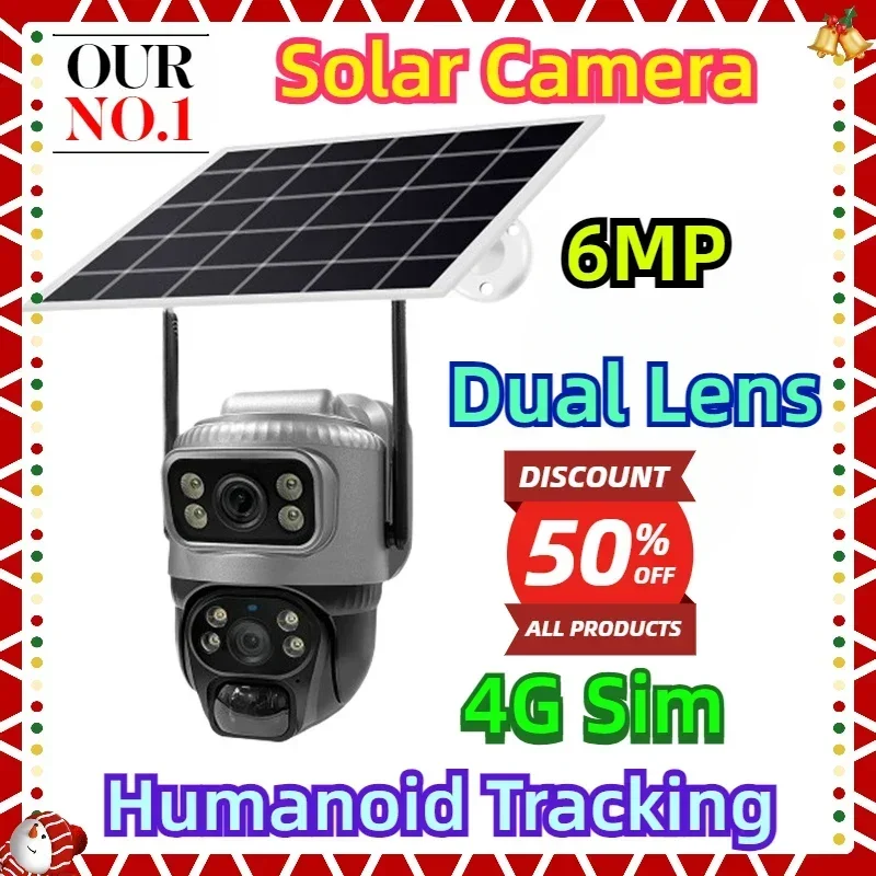 

6MP Dual Lens Recording Humanoid Tracking Outdoor WIFI Camera Metal Waterproof Solar Camera 4G Sim