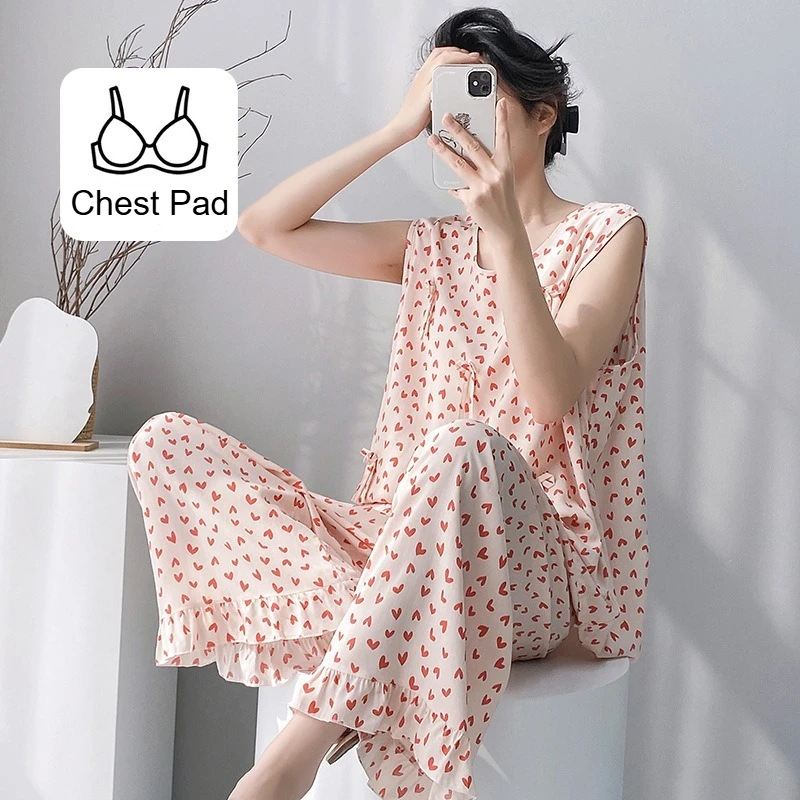 Women's Summer Two Piece Set Cotton Silk Sleeveless Crew Neck Vest Pajama Set Dress Loose Soft XXL Size Comfortable Breathable