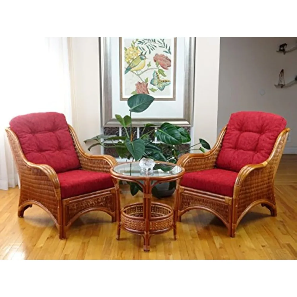 

Jam Living Set of 2 Chairs Natural Rattan Wicker Handmade with Red Cushions and Round Coffee Table w/Glass, Colonial