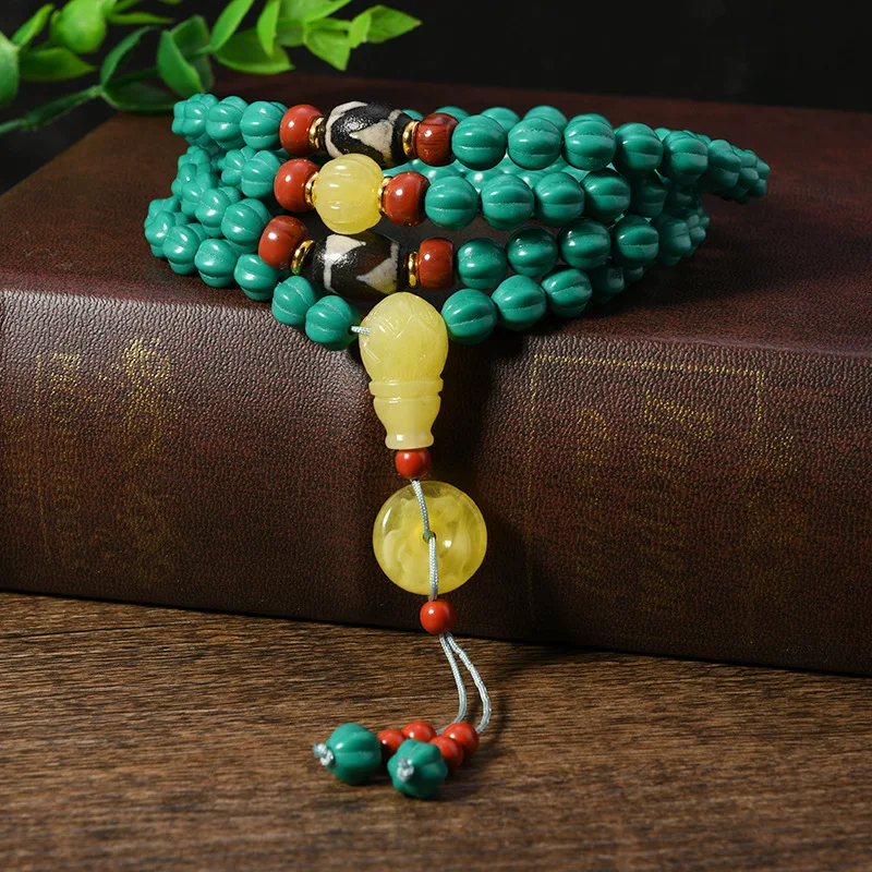 Turquoise Dzi Tibetan Necklace Ethnic Style 108 Bead Bracelet Men And Women Sweater Chain