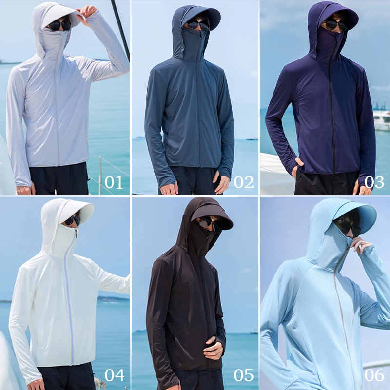 Summer Sunscreen Hoodie Tops Tees Outdoor Face-covering Fishing Hooded Thin Ice Silk  Breathable UPF 50+ Men's UV Sun Protection