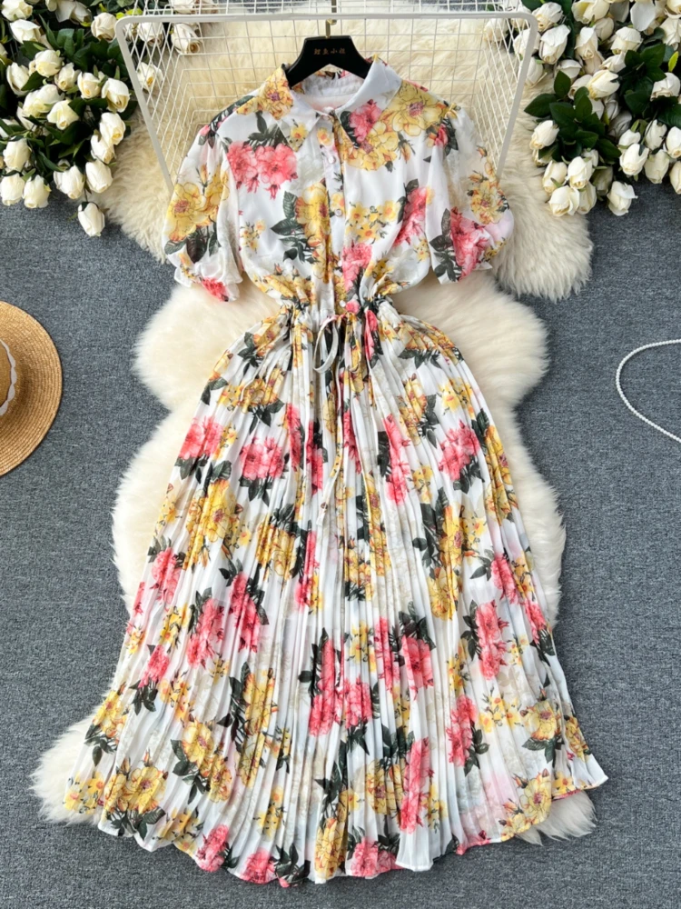 Frauen lässig Blumen Falten kleid Sommer Kurzarm Revers gedruckt lange Kleider Damen schlanke A-Linie Chiffon lange Robe Vestidos