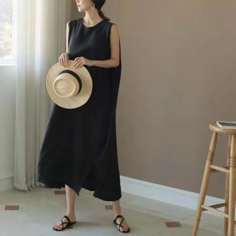 Summer Solid Women's Tank Dress 2024 New O-Neck Sleeveless Side Split Korean Straight Long Dresses Female