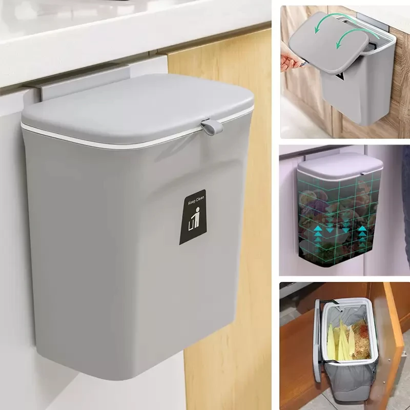 9L Trash Can For Kitchen Wall Mounted With Lid Bucket Garbage Recycle Rubbish Bin For Kitchen Dustbin Bathroom Waste Bin Kitchen