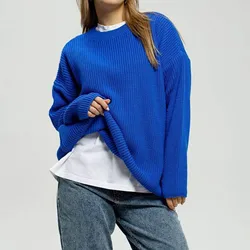 Basic Sweaters For Women Oversize O Neck Knitted Pullovers Autumn Winter Loose Tops Women's Jumper Light Blue Sweaters Oversized