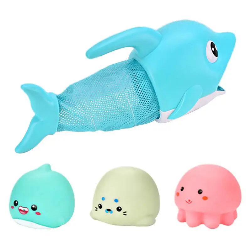 Bath Toys Playset Fish Figures Toddler Bath Toys Fishing Net Dolphin Shaped Preschool Pool Interactive Toys For Boys Girls For