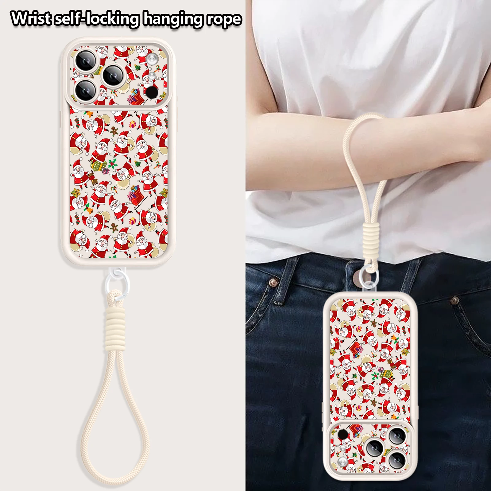 Custodia con cinturino da polso per iPhone 17 Pro Max Custodia natalizia con Babbo Natale a schermo intero per Funda iPhone 16 Pro Max 15 14 13 12 11 16e Air