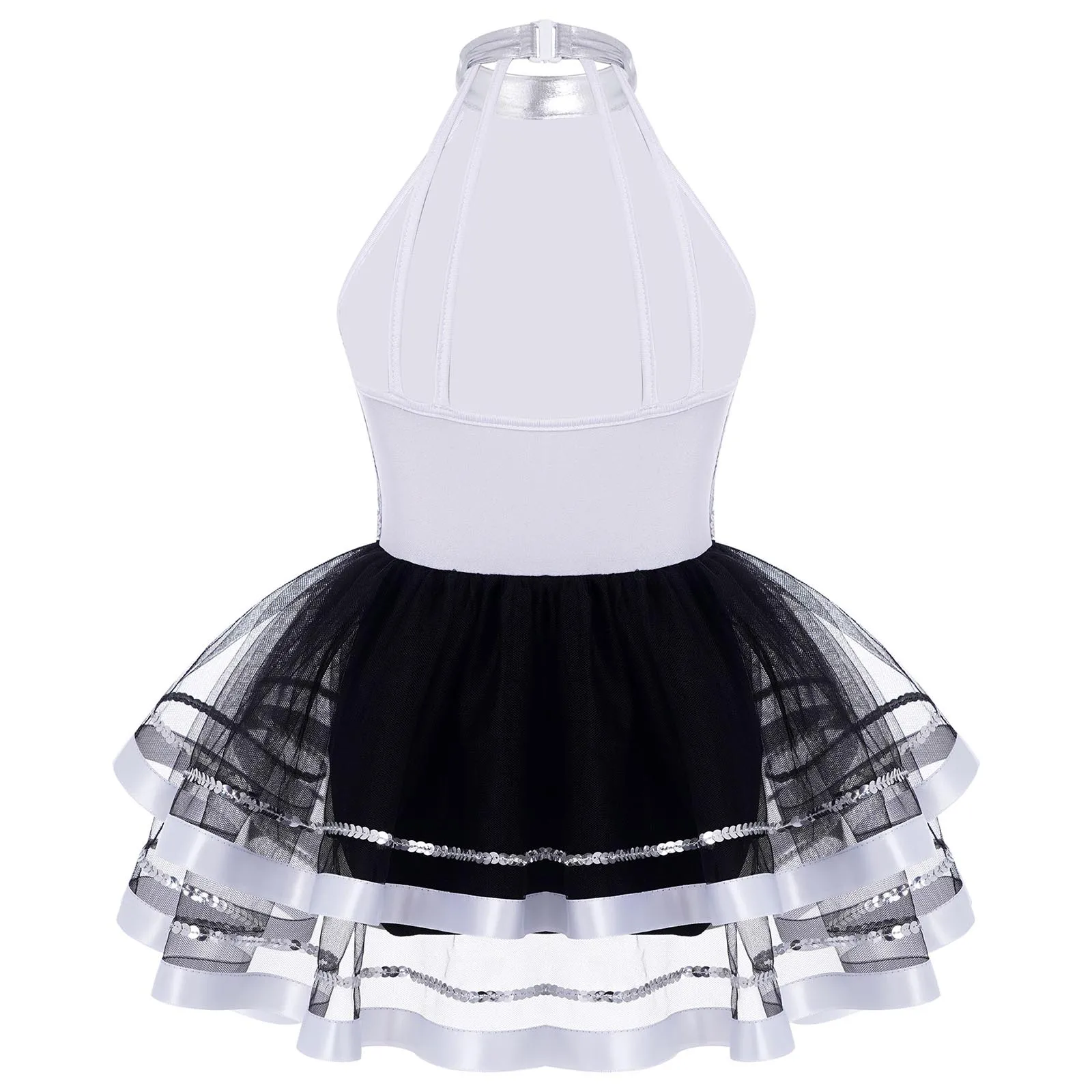 Kids Girls Cheerleading Outfit Jazz Dance Costume Halter Sparkling Sequins Backless Tulle Ballet Tutu Dress with Flower Balls
