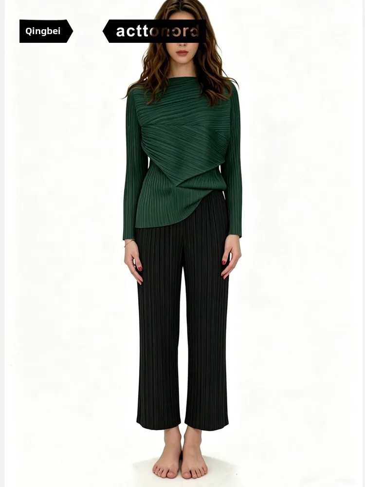 

Long Sve T-irt Women's Casual Loose Fit Folded Design Outerwear Luxury Versatile Asymmetrical JK482 Polyester Fiber