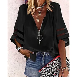 Women's Elegant Off Shoulder Shirt Blouse New Casual Letter Print V Neck Zipper Tops Loose Shirt Top Long Sleeve Women Blouse