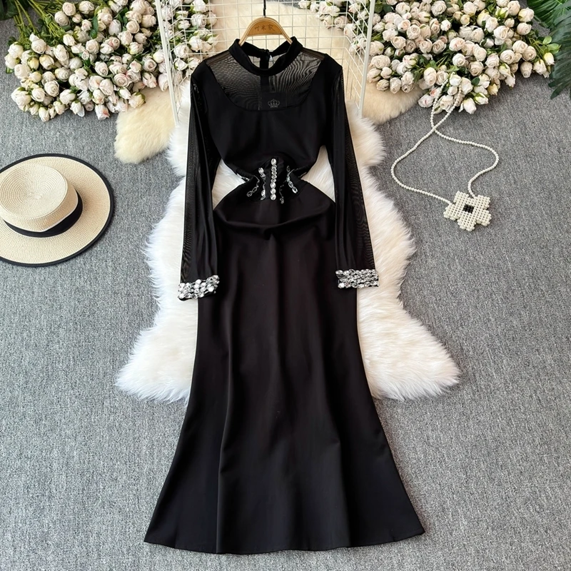 Autumn Winter Black Tulle Beaded Fishtail Maxi Dress Women Long Sleeve Fashion Elegant Party Evening Vestidos Bandage Robe