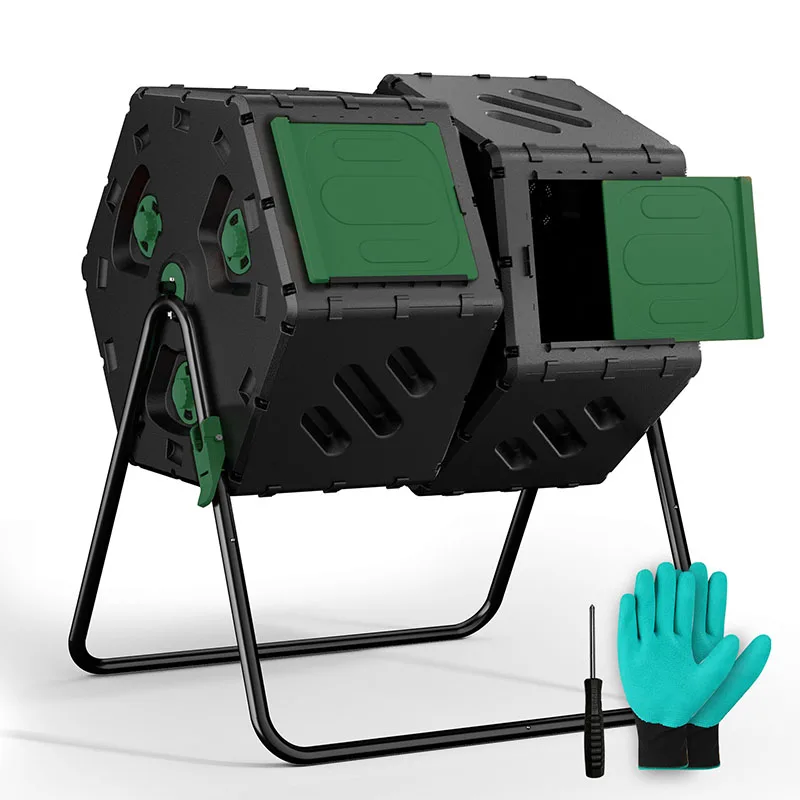 Dual Chamber Tumbling Composter Large Sliding Door Rotating Compost Bin Outdoor Garden Compost Tumbler for Kitchen Yard Waste