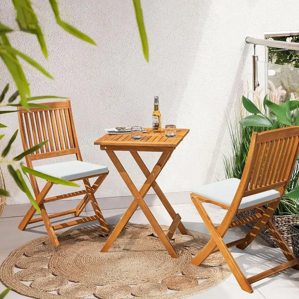 3-Piece Acacia Wood Outdoor Bistro Set - Square Table and Chairs for Balcony, Lawn, Backyard (Natural)