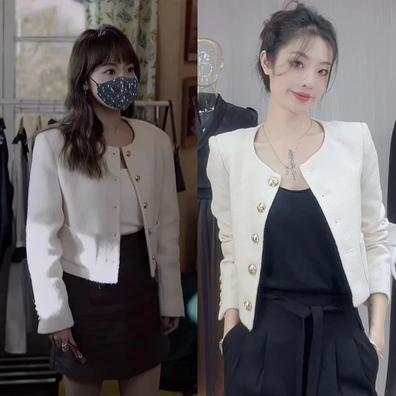 

Белая женская куртка с круглым вырезом в стиле «Маленький аромат», высококачественная, осенне-зимняя, универсальная, простая, изысканная.