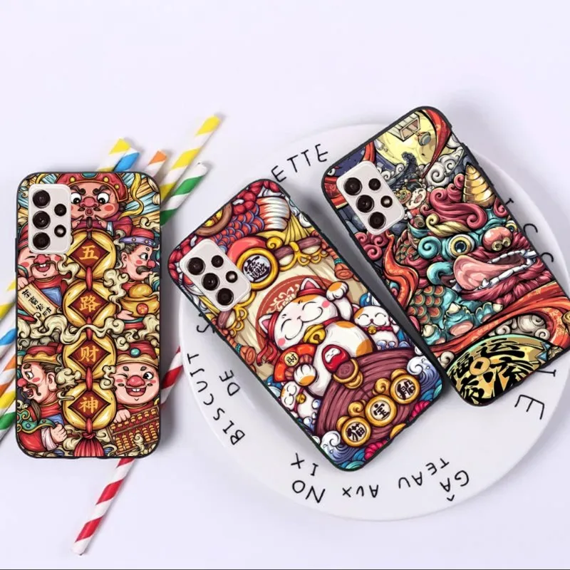 Chinese God of Wealth Cell Phone Case for Samsung A91 A81 A73 A72 A71 A30S A20 A12 A13 A52 A53 4G 5G Black Phone Cover Funda