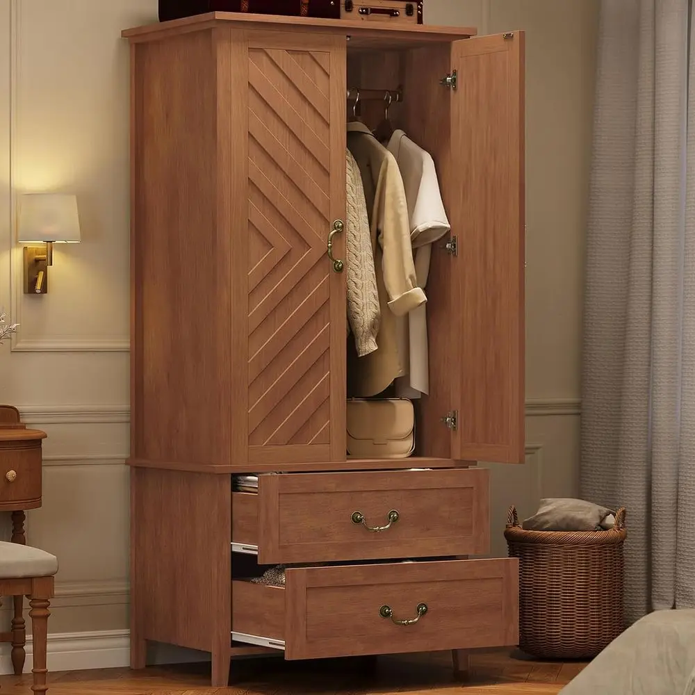 

Large Freestanding V-Shape Farmhouse Armoire Closet Cabinet with 2 Doors, 2 Drawers, and Hanging Rod, 71.06 Tall, Retro Brown