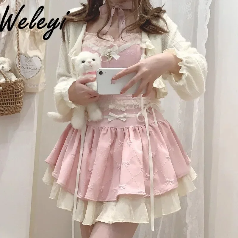 Lolita Bowknot Mint Green Pink Skirt Fashion Ropa De Mujer 2024 Summer Cute New Sweet Ballet Style Camisole Skirts Princess Suit