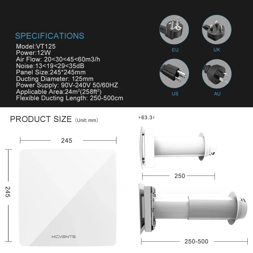 KCVENTS VT125 Fresh Air Supply System For Single Room Apartment Garage