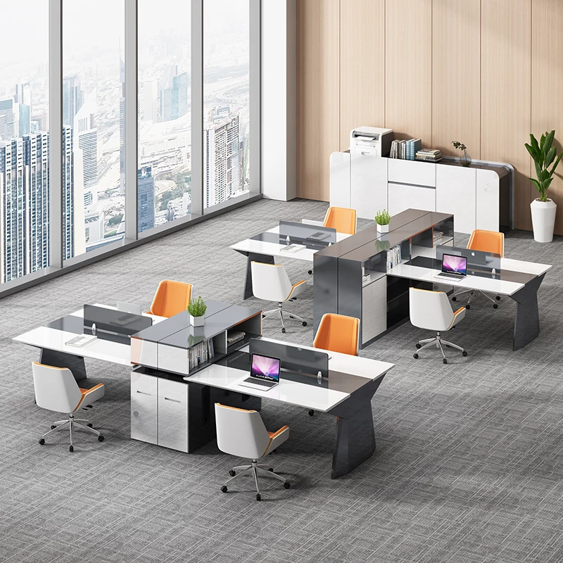 Four person office desk, work position, screen, 6 pairs of employee desk and chair combinations