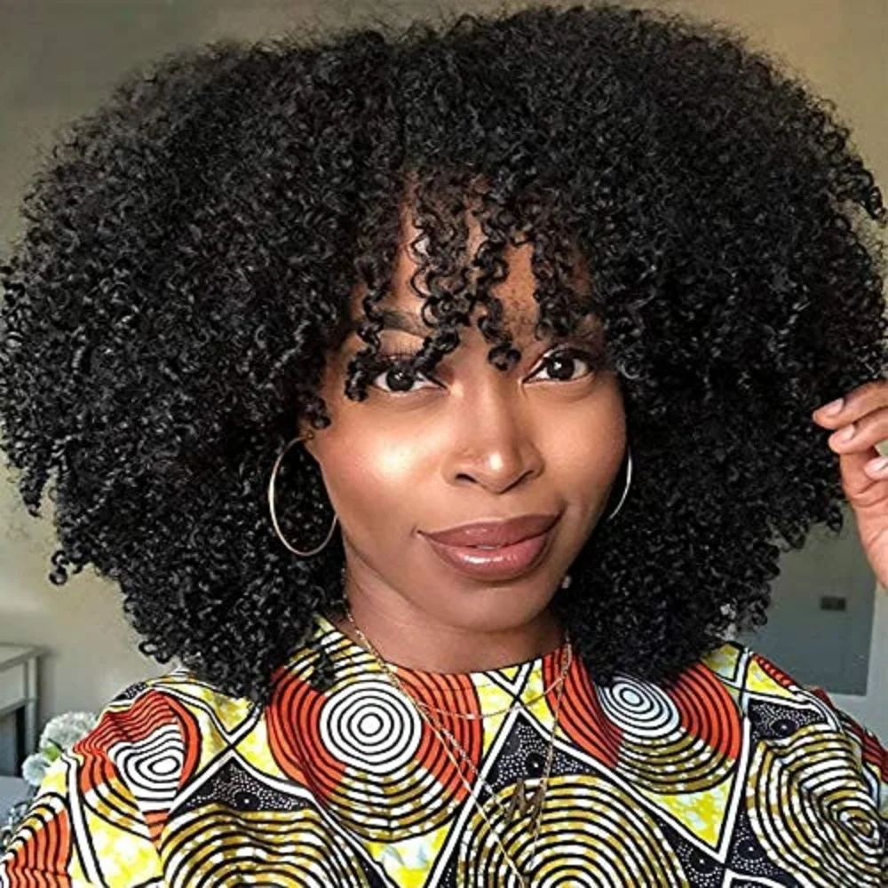 

14-20 Inch Afro Kinky Curly Wig With Bangs Full Machine Made Scalp Top Wig 180% Short Curly Human Hair Wigs Natural Color