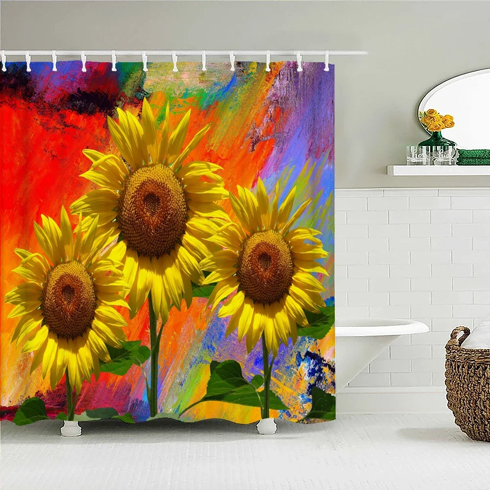 Beautiful Flowers Rose Sunflower Tulip Shower Curtain Bathroom Curtains Waterproof Fabric 180X180cm With Hooks Home Decorate