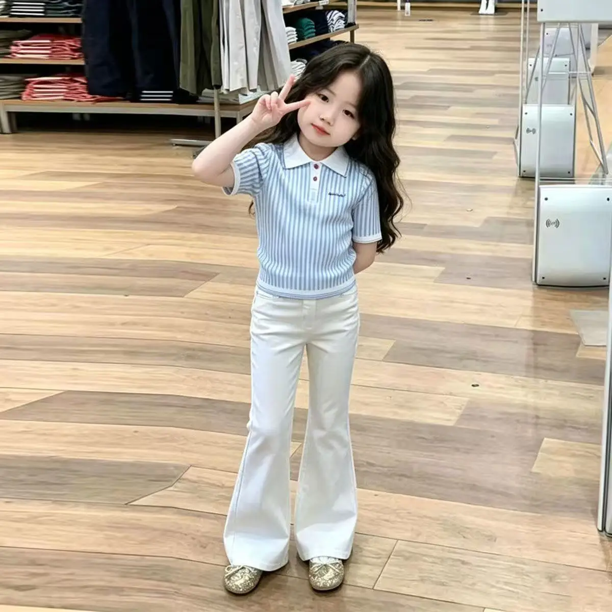 

Girls' Set 2026 Summer New Children's Blue Striped Polo Collar Knitted Shirt+White High Waist flared Pants 2-piece Set