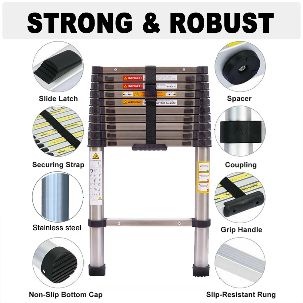 Stainless Steel Telescopic Ladder, Telescoping Extendable Ladder, Multipurpose Ladder Loft Arttic Ladder, EN131, 150KG Capacity