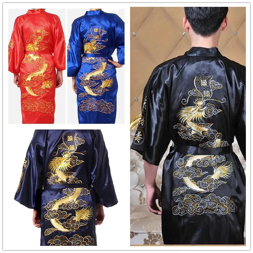 Men Robe V Neck Kimono Sleepwear Nightgown Embroidered Dragon Robe Cardigan Bathrobe Home Clothes Lounge Loose Sleep Dress