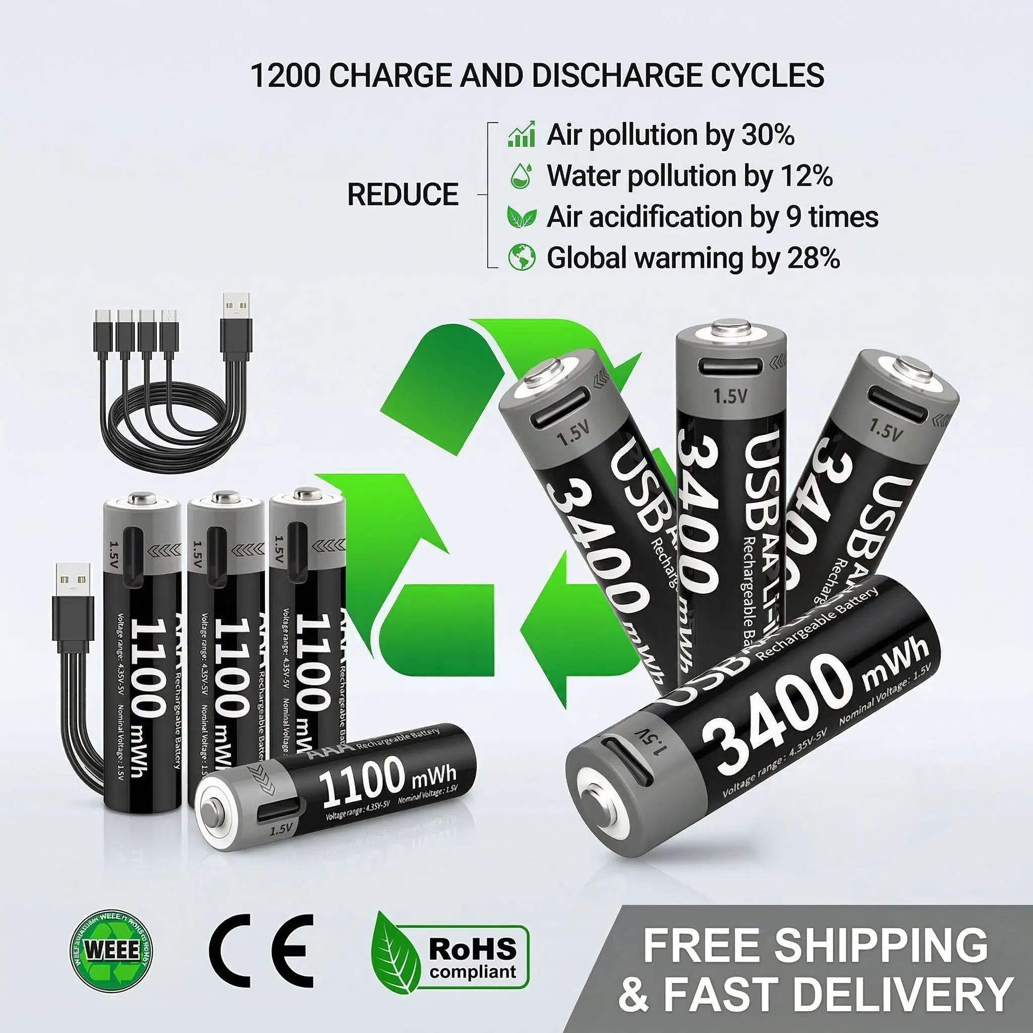 

USB Rechargeable 1.5V AA AAA Lithium-ion Batteries 3400mWh AA 1100mWh AAA Battery Pack