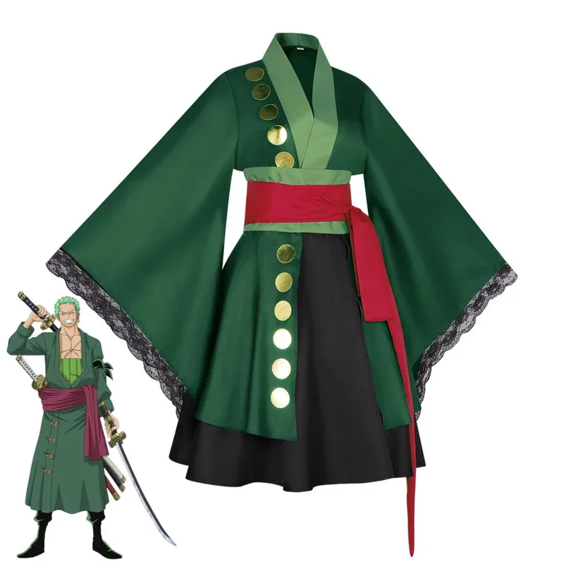 

CyAnime Roronoa Zoro Косплей Костюм Wano Kuni Country Женское Зеленое Японское Кимоно Лолита Юбка Парик Женский Сексуальный Карнавальный Костюм