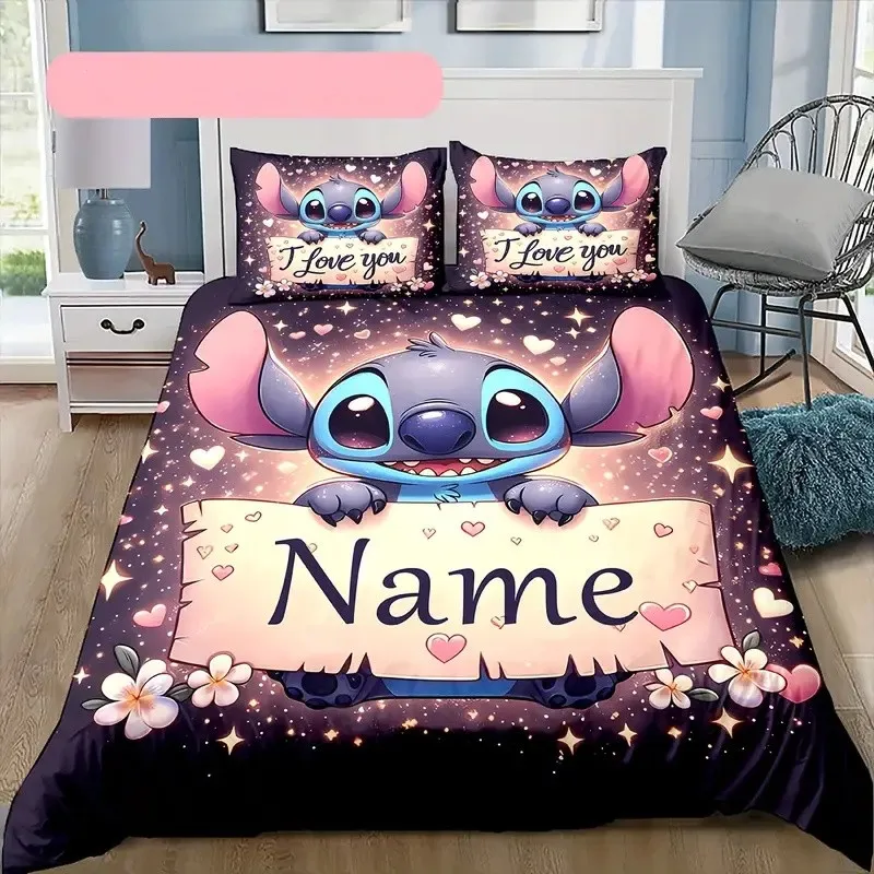 Customizable Stitch Anime Duvet Cover with 2 Pillowcases Cartoon Personalized Name Bedding Set for Women Children Teens