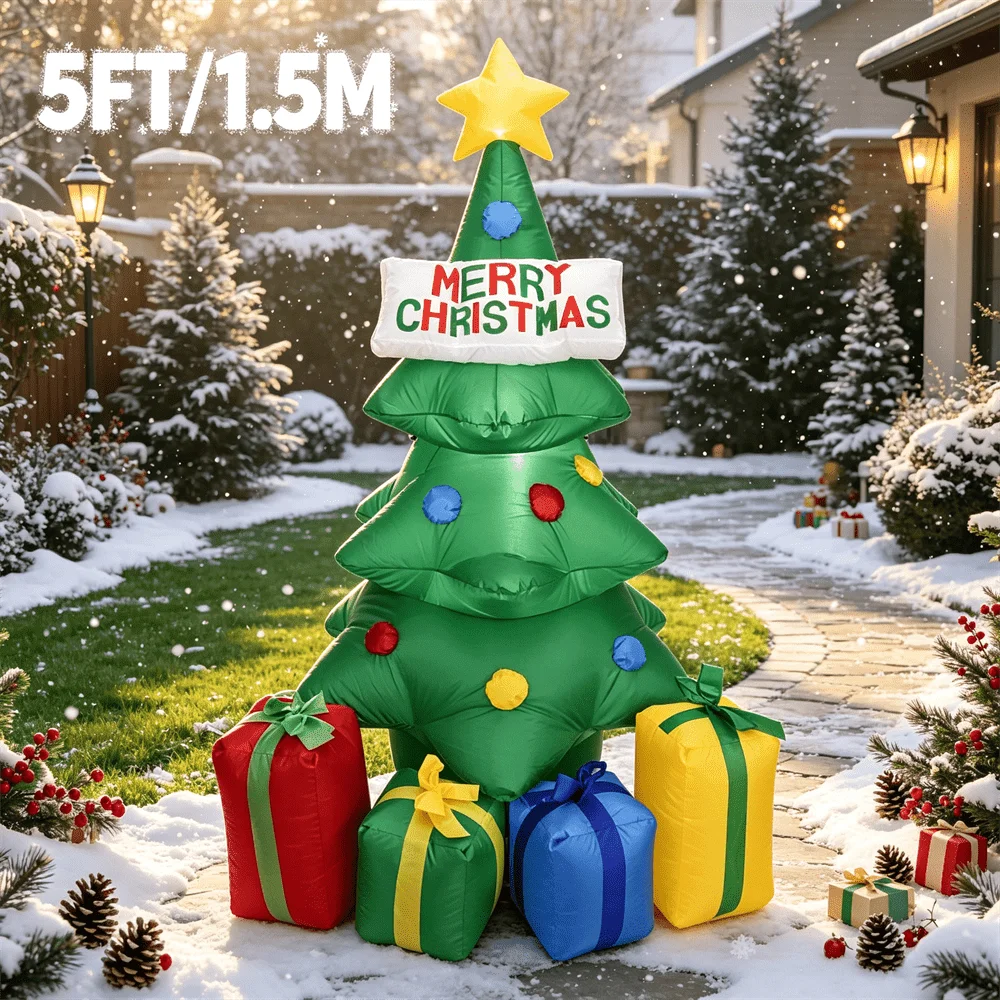 5FT/1.5M Inflatable Model Toy Green Christmas Tree With Star Top Merry Christmas Sign Colorful Gift Boxes with LED Yard Decor