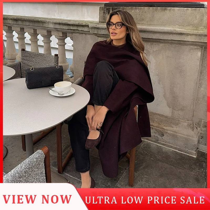 Women's Chic Burgundy Scarf Collar Woolen Long Coat Elegant Loose Full Sleeve Overcoat With Belt 2024 Autumn Winter Lady Outwear