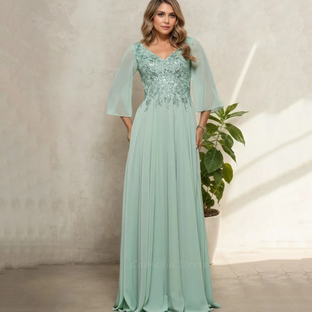 

Mother of the Bride Dress Vintage V Neck Customized A Line Party Gown Applique Sequiend Chiffon Evening robe mother of bride