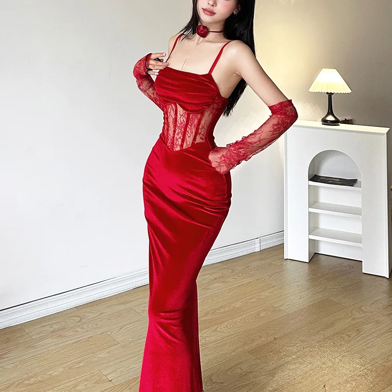 

Spring autumn Parties Officially Elegant Mature Sexy Beautiful Women's Long Lace Fishbone Suspender with Sleeves Dress Y2k
