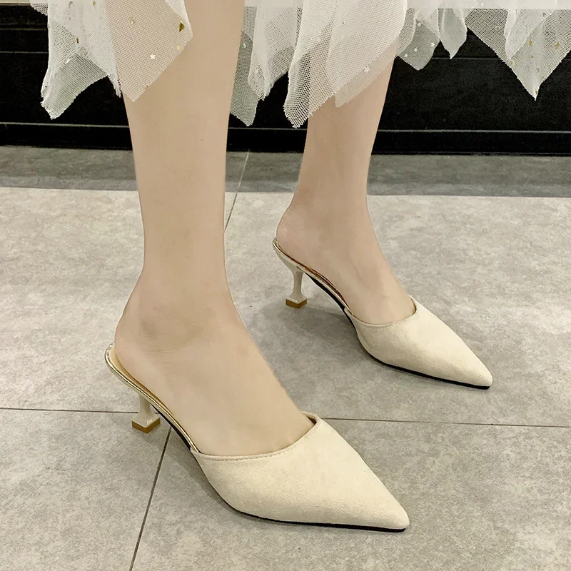 Sandalias de tacón bajo para mujer, zapatos de tacón fino con punta estrecha, informales, cómodos, sexys, para banquete, para verano y otoño, 2024