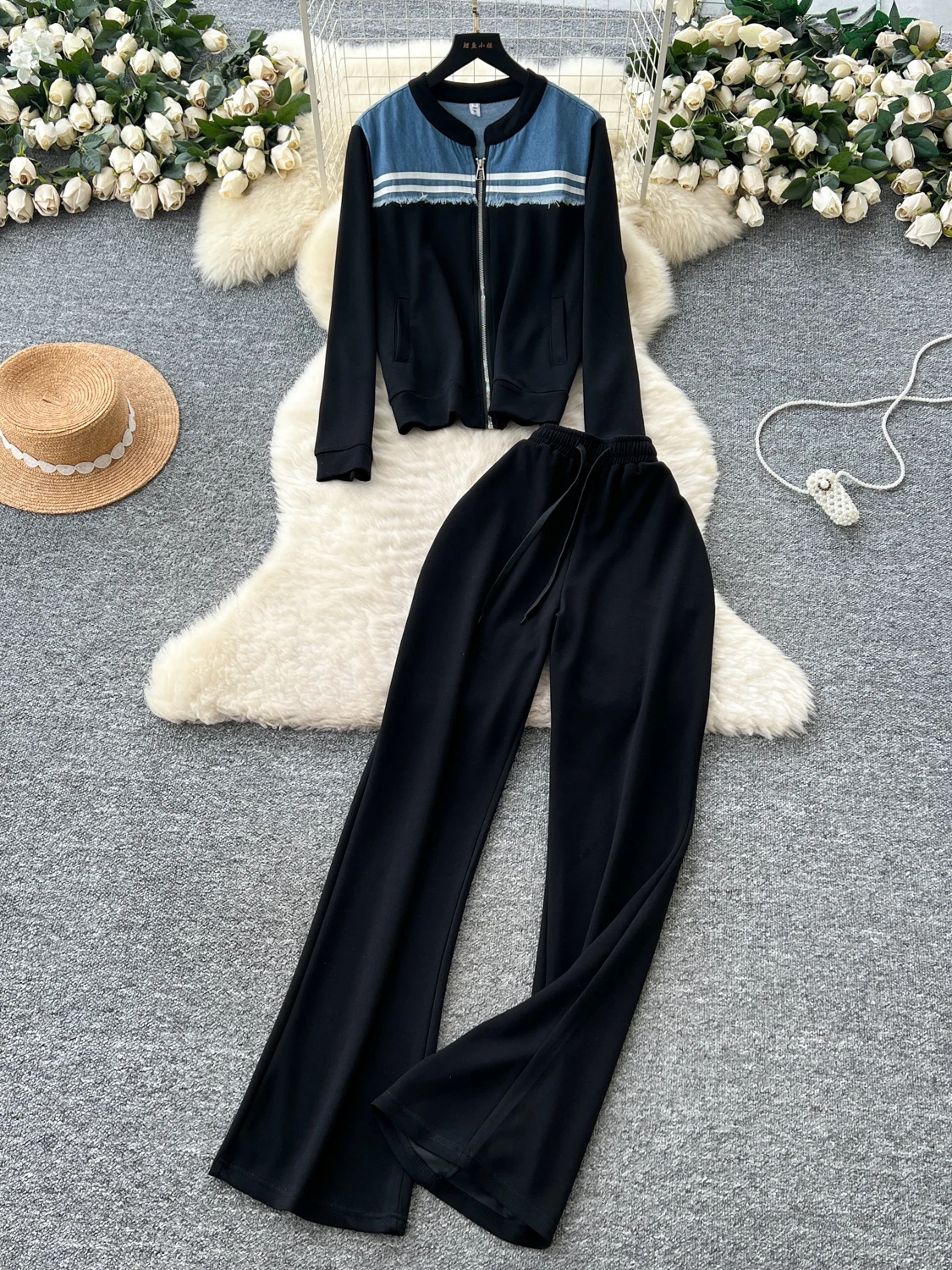 

Женский модный повседневный топ Long Sve round Ne на молнии плюс широкие брюки с высокой талией, прямые брюки, осенний комплект одежды