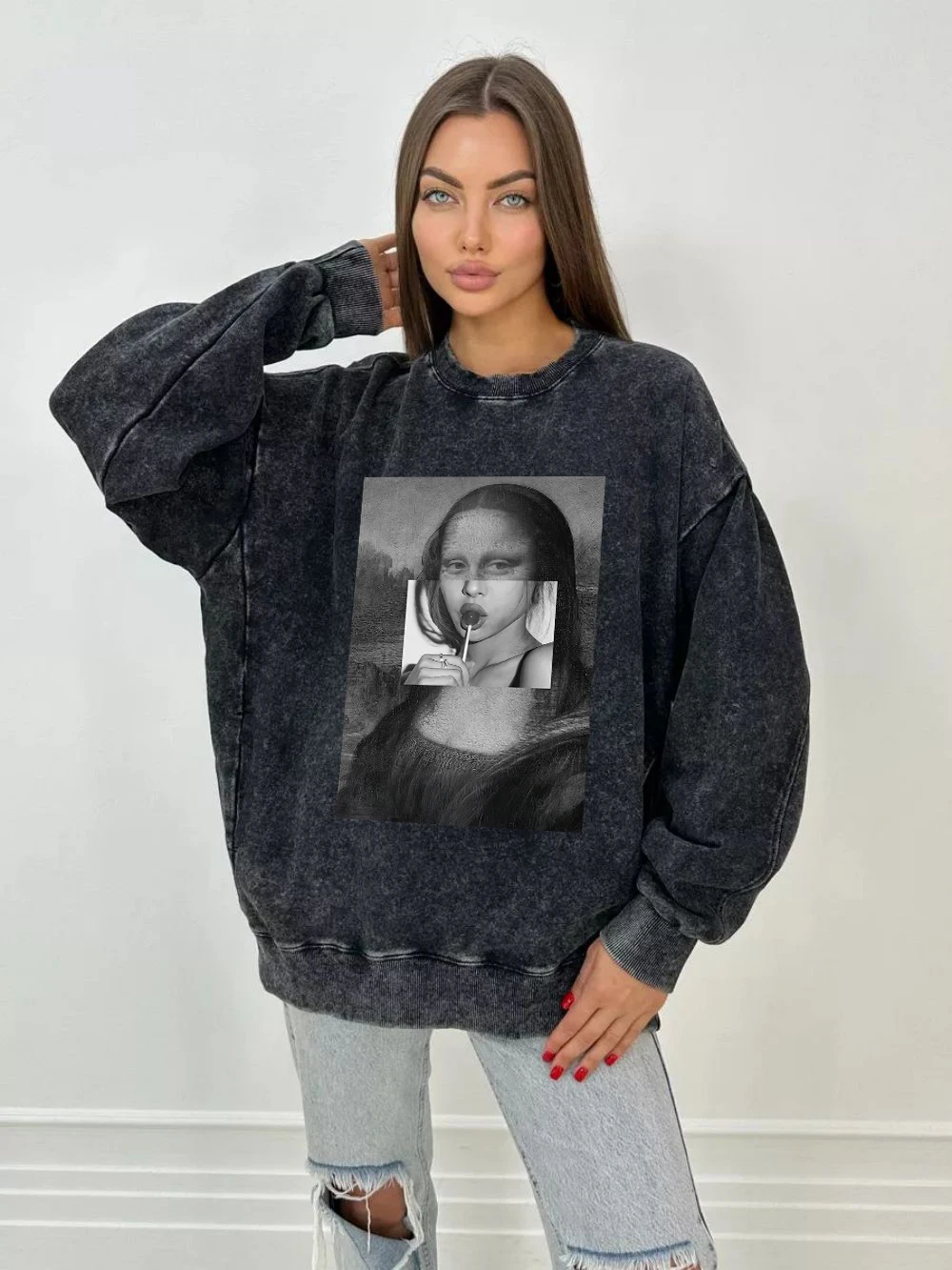 Vintage Womans Acid Wash Hoodie Parody Mona Lisa Portrait Prints Sweatshirt Cotton Oversize Casual Pullover Couple Washed Tops