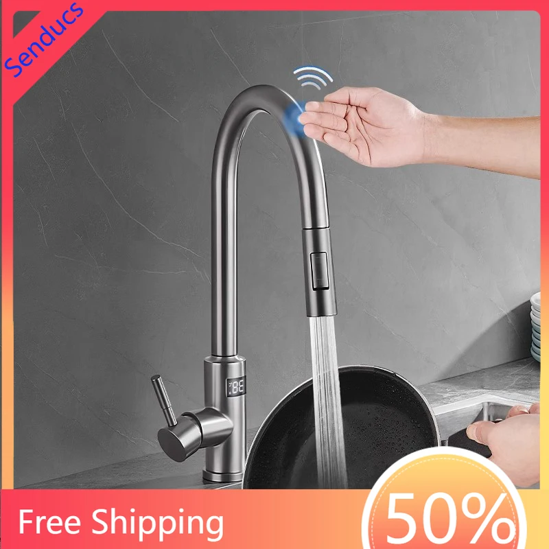 

Smart Digital Touch On Kitchen Sink Faucet Stainless Steel Pull Out Sprayer Hot Cold Water Mixer Tap with Touch Sensor Control