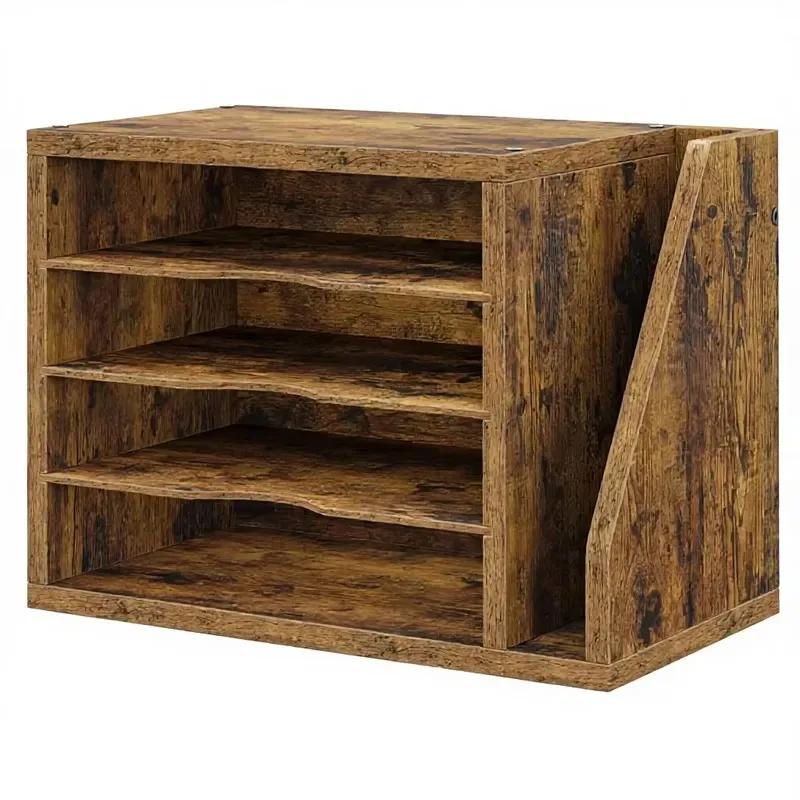 Engineered Wood Rectangle File Storage Box Desktop 3 Adjustable Shelves Mail Paper Sorting Magazine Organizer Pristine Brown