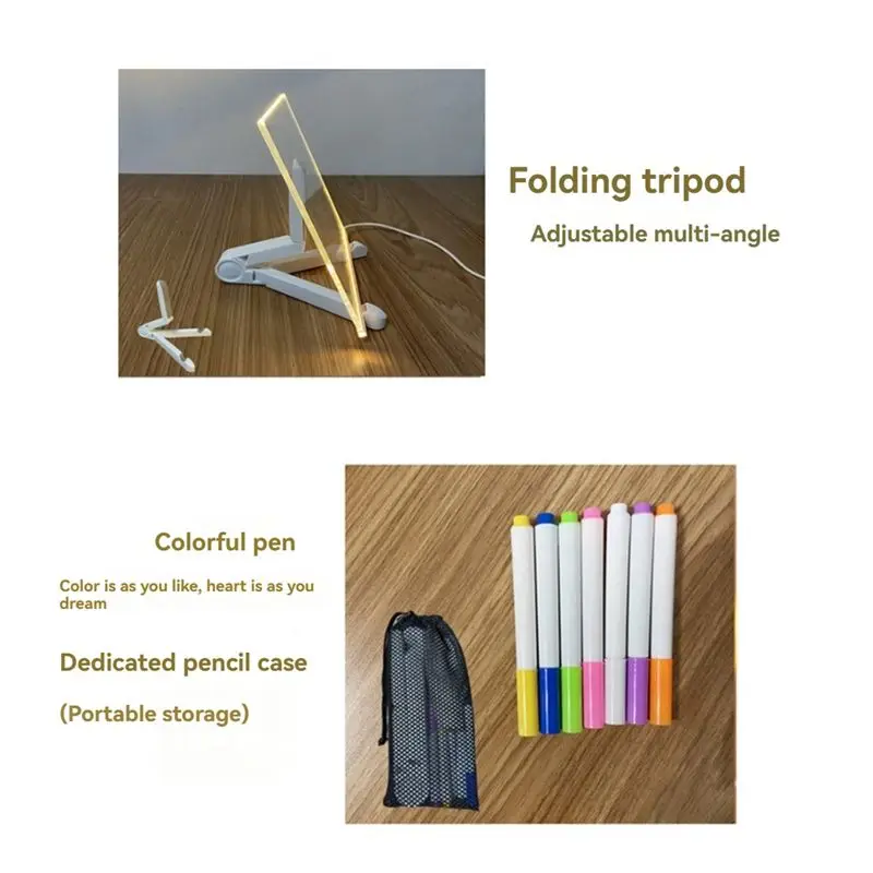 A11E-Colorful 7 Colors LED Dry-Erase Note Board Acrylic Message Board With Stand USB Power Rewritable Night Light