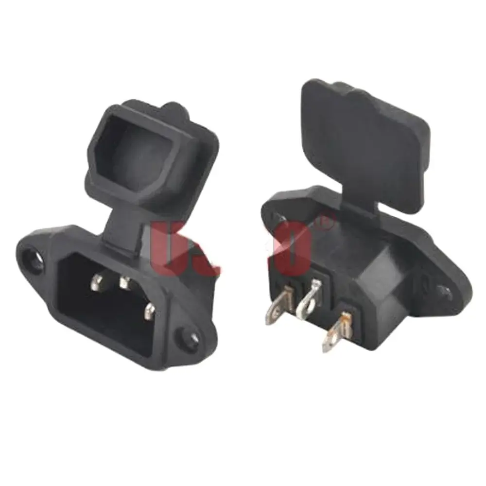 2pcs Black 10A 250V with waterproof dust cover AC power socket screw hole fixed C14 electric car battery charging plug connector