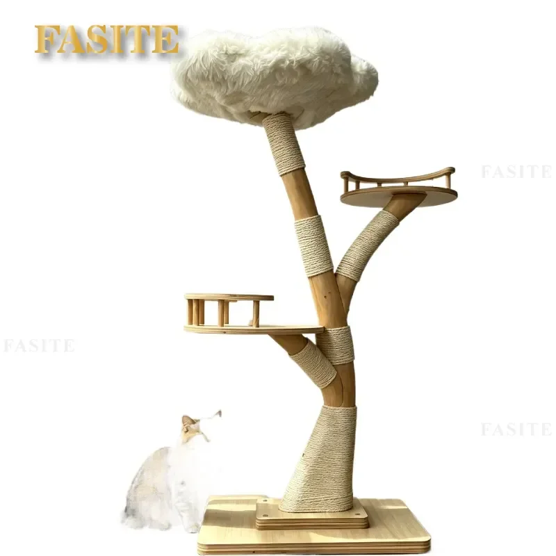 For Cat Climbing Frame Natural Wood Flower Sisal Scratching Post Jumping Platform Solid Wood Column Simple Entertainment