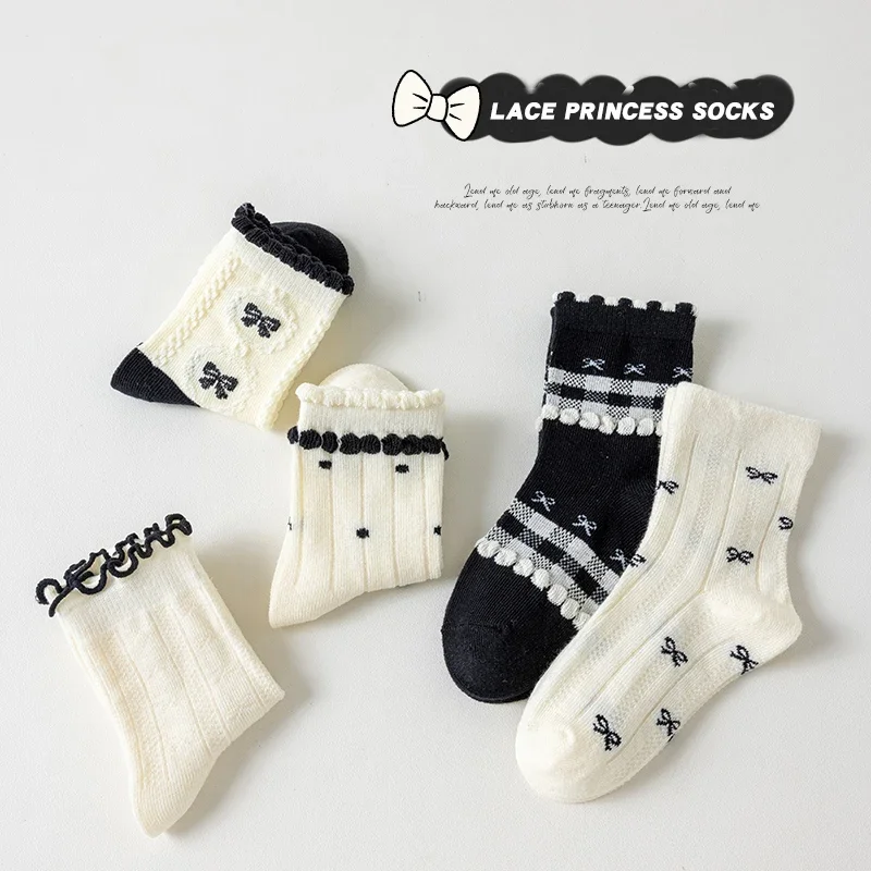 Trendy Cotton Solid Children Girls Lace Socks 5 Pairs Bow Ties Soft Breathable Striped Non-slip Half Princess Socks for Girls image 3