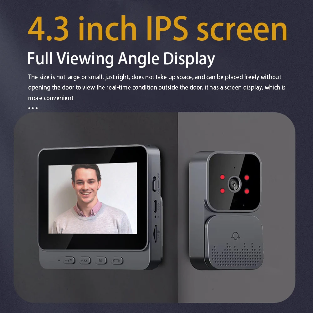 Timbre intercomunicador Visual inalámbrico con pantalla IPS de 4,3 pulgadas, 2,4G, con pantalla, monitoreo de vídeo inteligente de alta definición, intercomunicador bidireccional